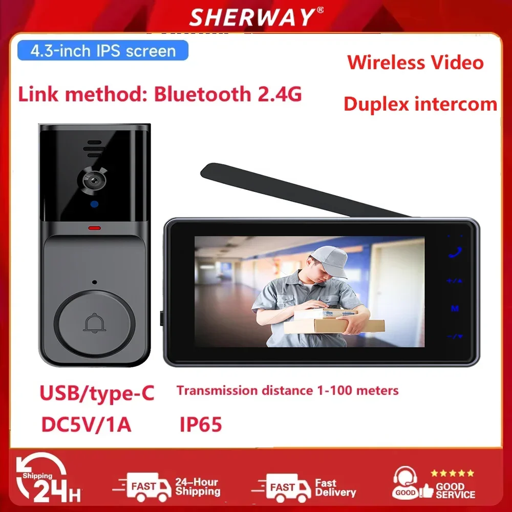 M16A 1080P wireless waterproof video doorbell 4.3-inch IPS screen Infrared Night vision doorbell Family Apartment 2.4G camera