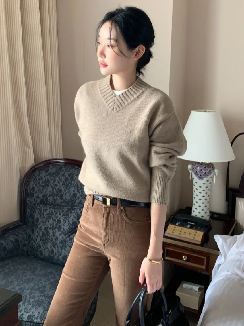

Korean Sle Simple V-ne Thi Warm Sweater Women's Early Autumn New 2025 Top High Sensation Knitted irt