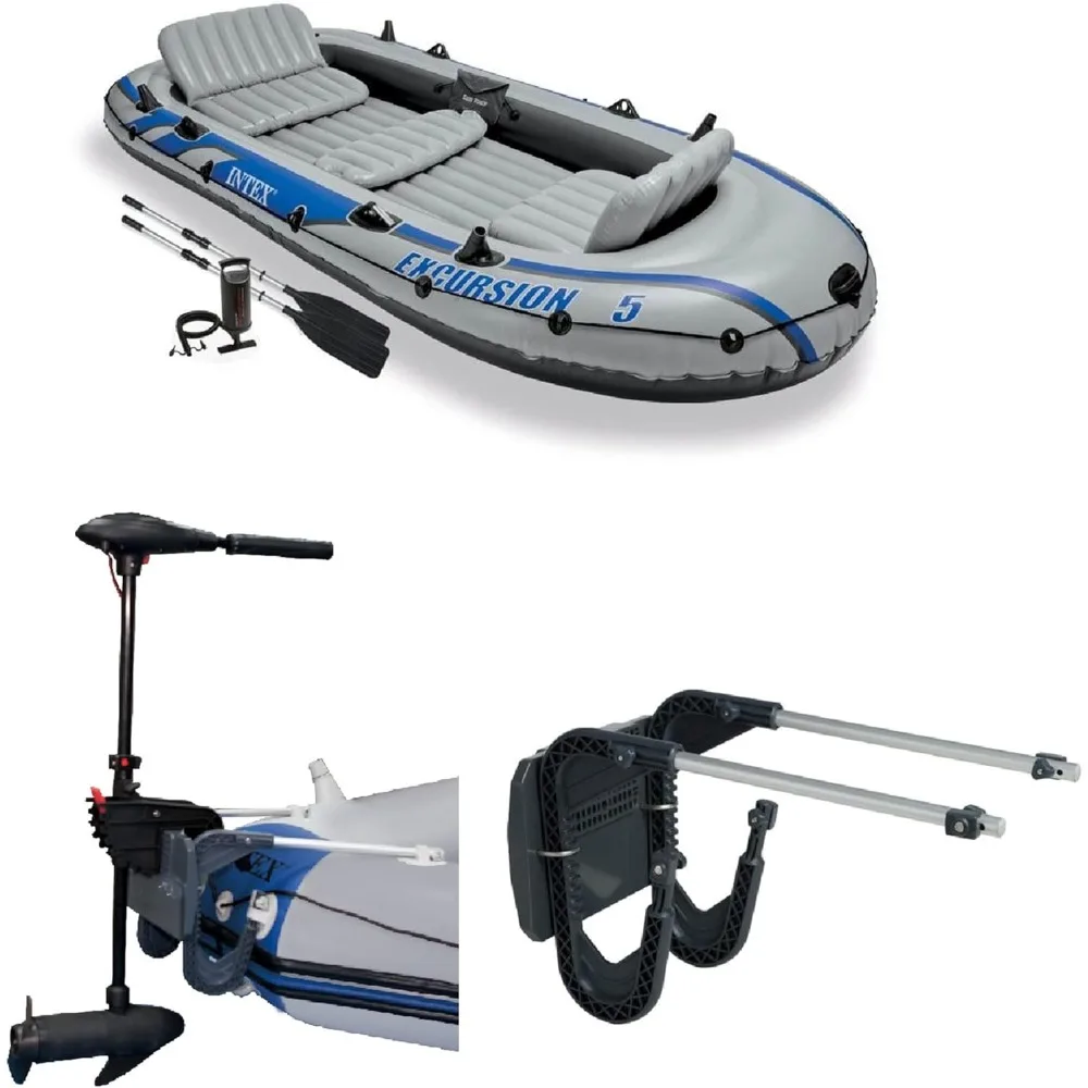 

flatable Boat Set with 2 Aluminum Oars and Pump, Intex 12V Transom Mount Boat Trolling Motor, and Intex