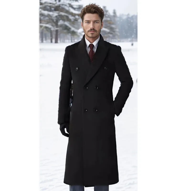 Mens Winter Woolen Coats Mens Double-breasted Casual Slim Business X-Long Wool Windbreaker Jackets Thicken Warm Trench Outwear