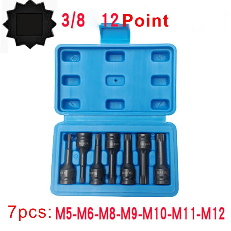 

7pcs/set 60mm Length 12 Point Spline Torx Screwdriver Bits 3/8" Square Pneumatic Drive Socket Bit M5 M6 M8 M9 M10 M12 Tool