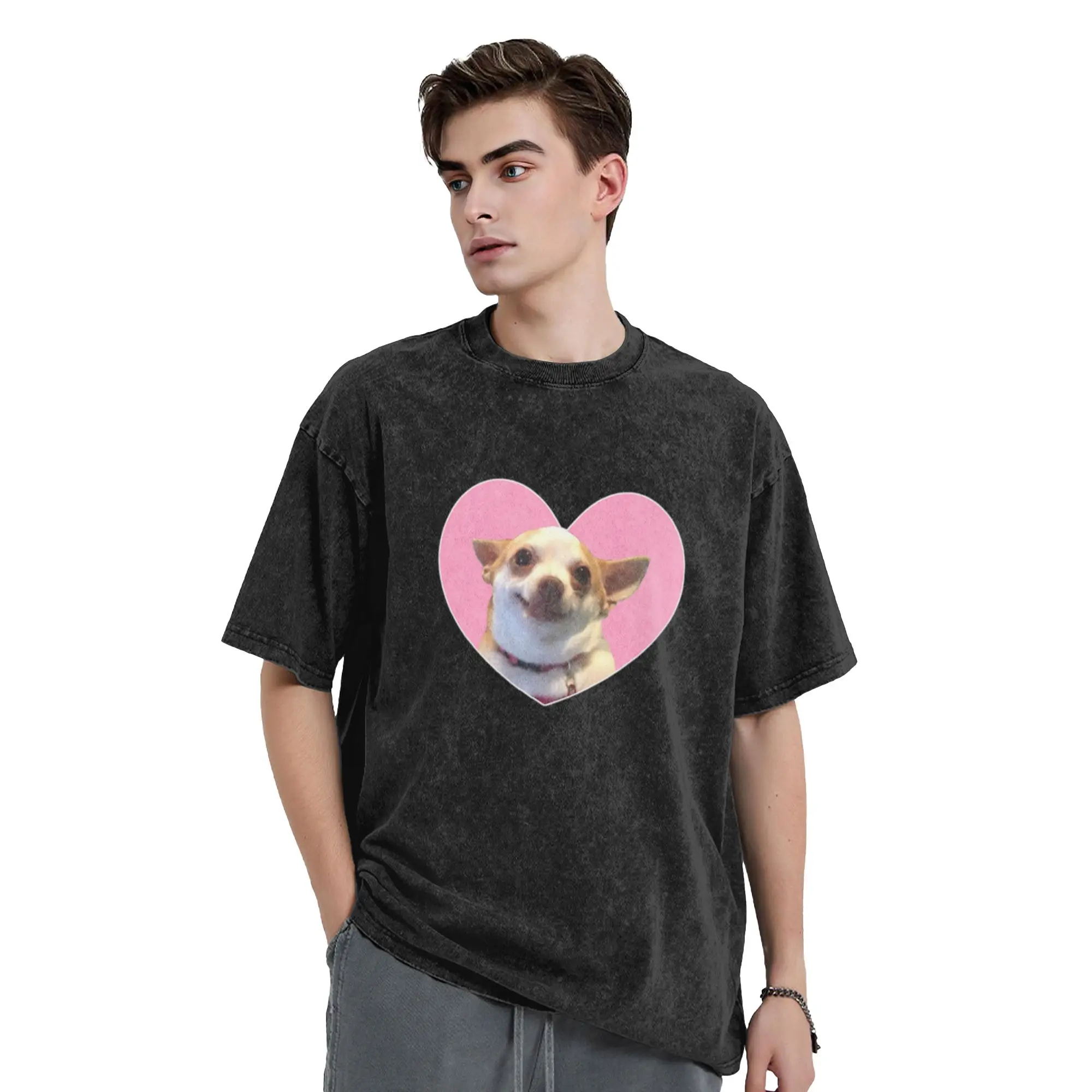 Angry Chihuahua   Happy Chihuahua Meme Pink Heart Design Unique Comfort A T-Shirt Oversized Short Sleeve Cotton Tees Tops