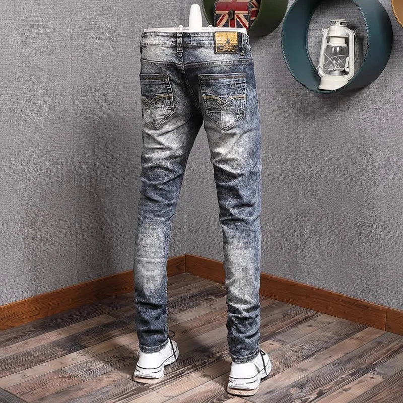 Fashion Trendy Men Jeans Retro Washed Gray Blue Elastic Stretch Slim Ripped Jeans Homme Vintage Patched Designer Denim Pants Men