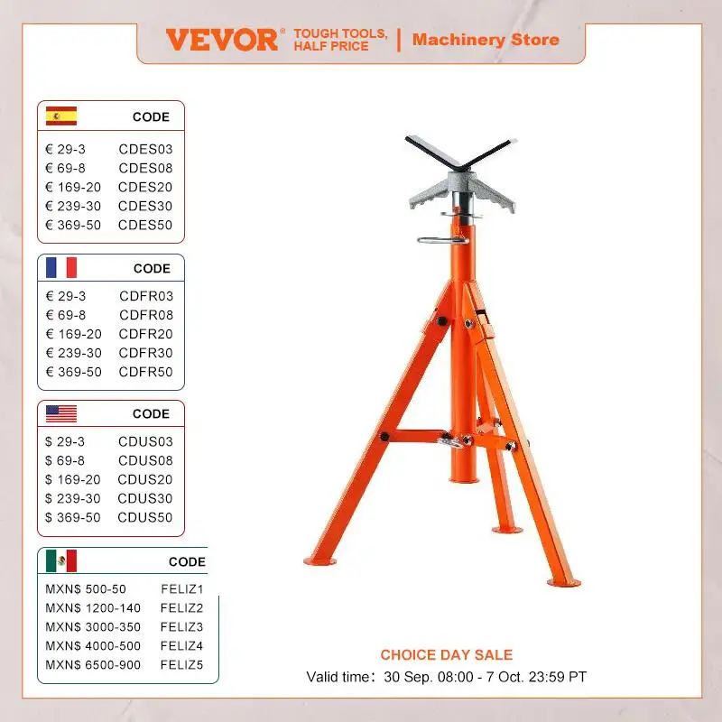 

VEVOR Pipe Stand 2500LBS Heavy Duty Pipe Jack Stands 27.2-52 Height Adjustable V Head Pipe Stand Steel Folding Jack Stand