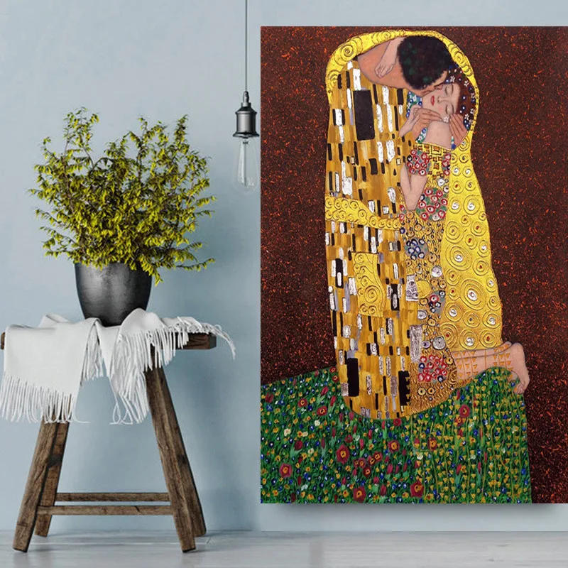 The Kiss Gustav Klimt Hand Painted Reproduction Unframed Canvas Wall Art, Famous Abstract Artwork for Living Room Home Decor