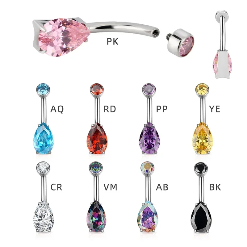 ASTM F136 Titanium Navel Rings PIERC Body Jewelry 14G CZ Top and Pear CZ Paved Threaded EARRING Belly Piercing Belly Button Ring