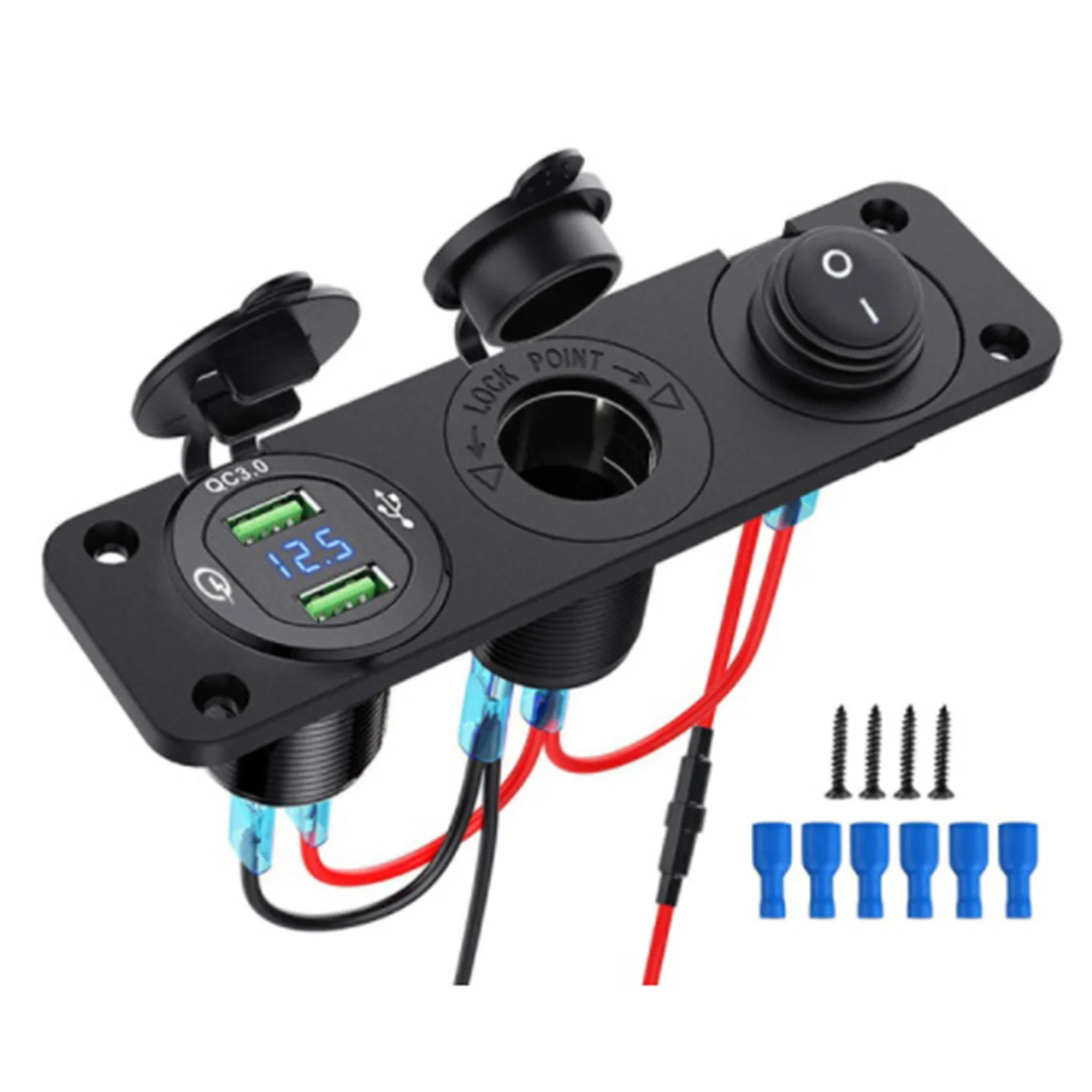 

12V Lighter Socket 3 in 1 Waterproof Car Dual QC3.0 USB Outlet Panel for RV Marine Boat Power Socket Charger Socket Blue