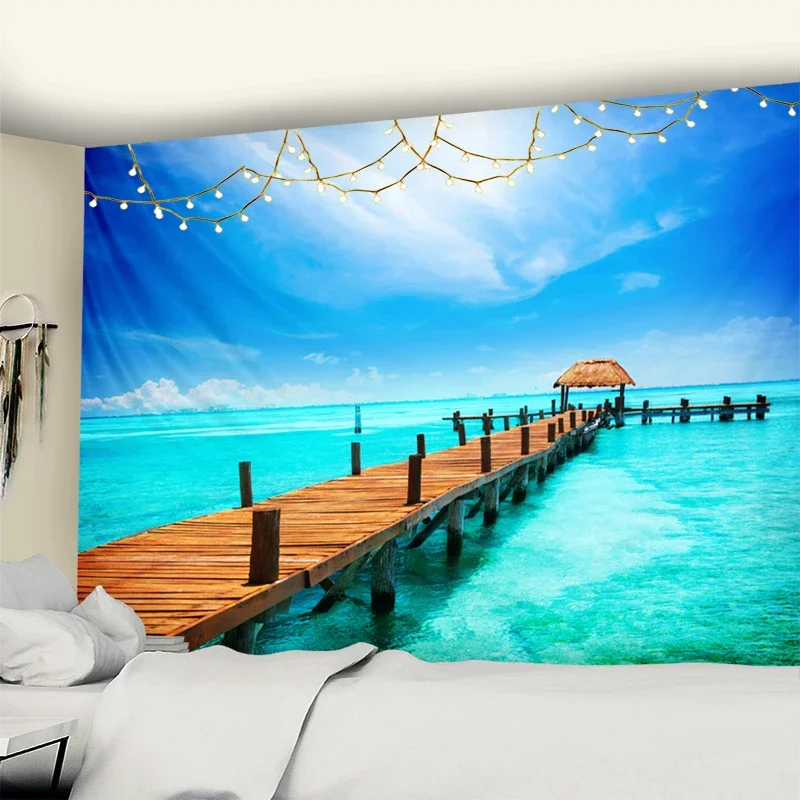 Tropical Beach Tapestry Hawaii Sea View Wall Hanging Natural Landscape Tapestry Aesthetic Bedroom Living Room Home Dorm Decor