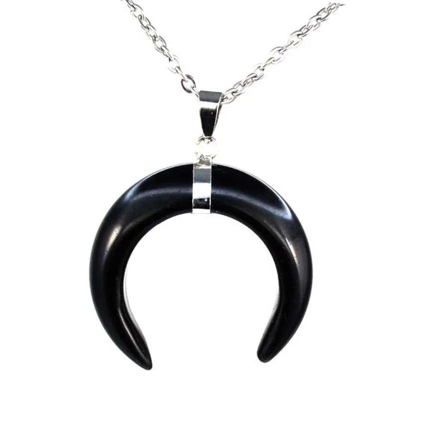 Crystal Crescent Moon Stone Pendant Necklace For Women Men Natural Amethyst Lapis Lazuli Black Agate Silver Color Necklaces