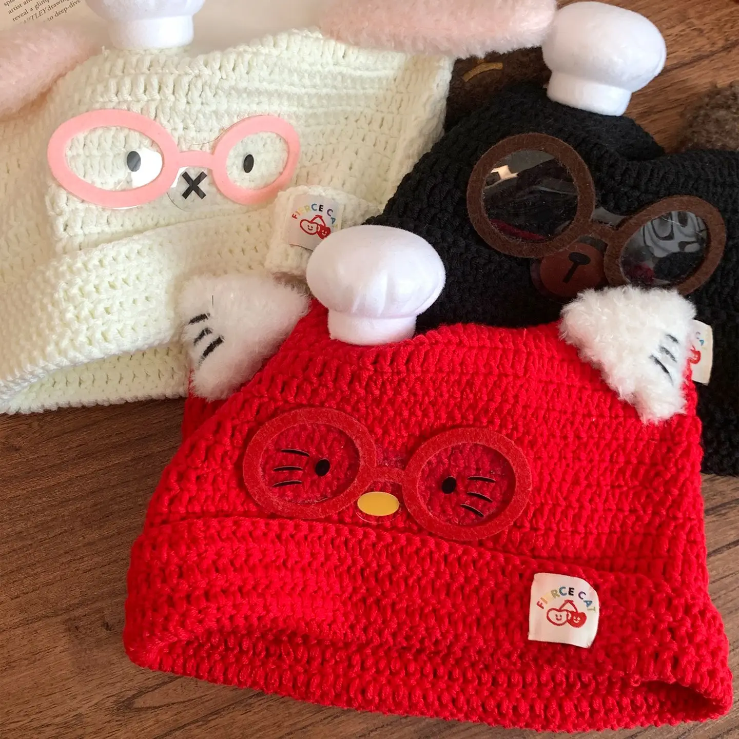 

Kawaii 3D Chef Hat Glasses Cartoon Knitted Beanie Cute Bear Kitty Rabbit Ear Winter Warm Hat Soft Cap for Women Girls 3 Colors