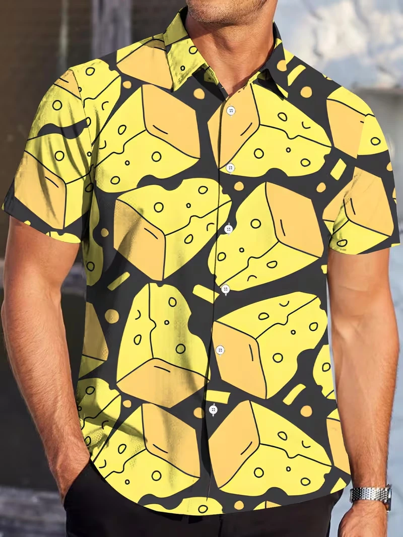 Hawaiian Shirt For Men Fashion Bacon Cheese Graphic Printed Summer Lapel Aloha Shirts Street Oversized Short Sleeve Shirt
