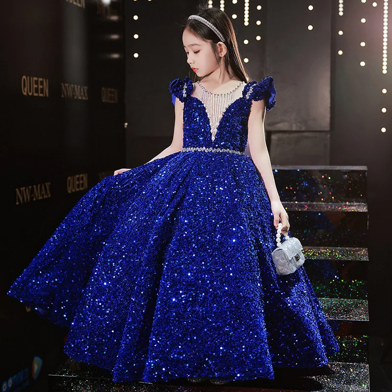 Blue Sequin Long Dress for Baby Girl Kid 2 To 12 Year Formal Red Puffy Dresses Evening Luxury Party Korean Children Gown Wedding