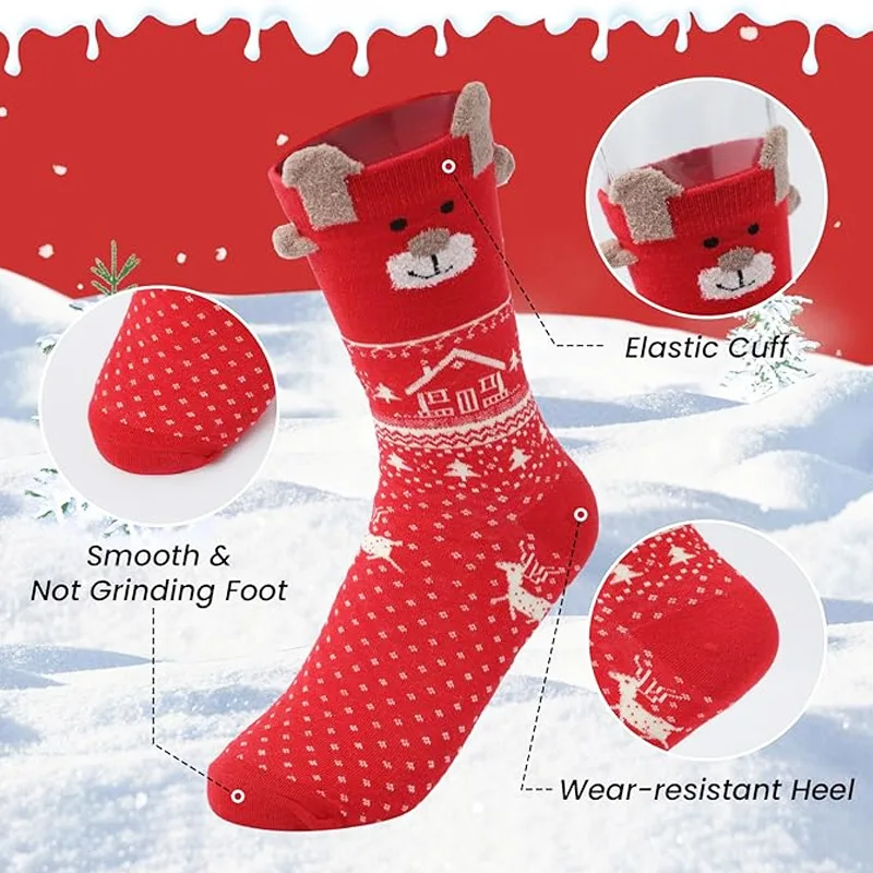 6 pairs of women's Christmas socks with double reindeer pattern, festive Christmas tree and reindeer design, women's Christmas