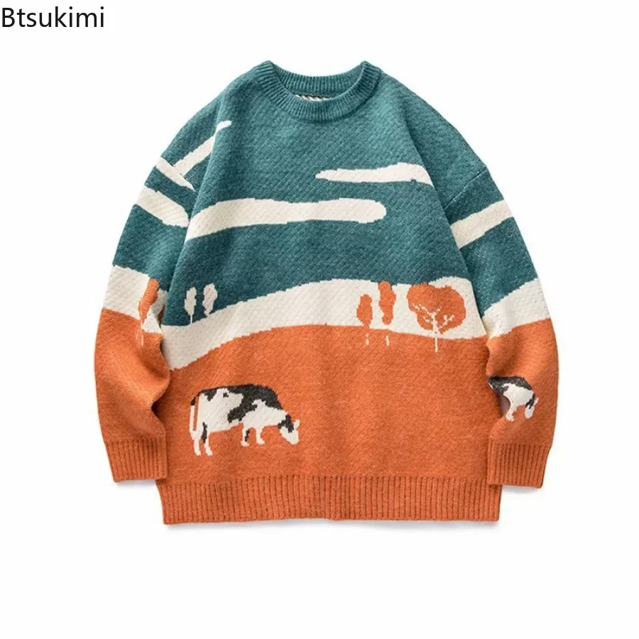 New 2024 Autumn Winter Men Cows Vintage Sweaters Pullover Mens O-Neck Korean Fashions Sweater Casual Harajuku Clothes Knitted