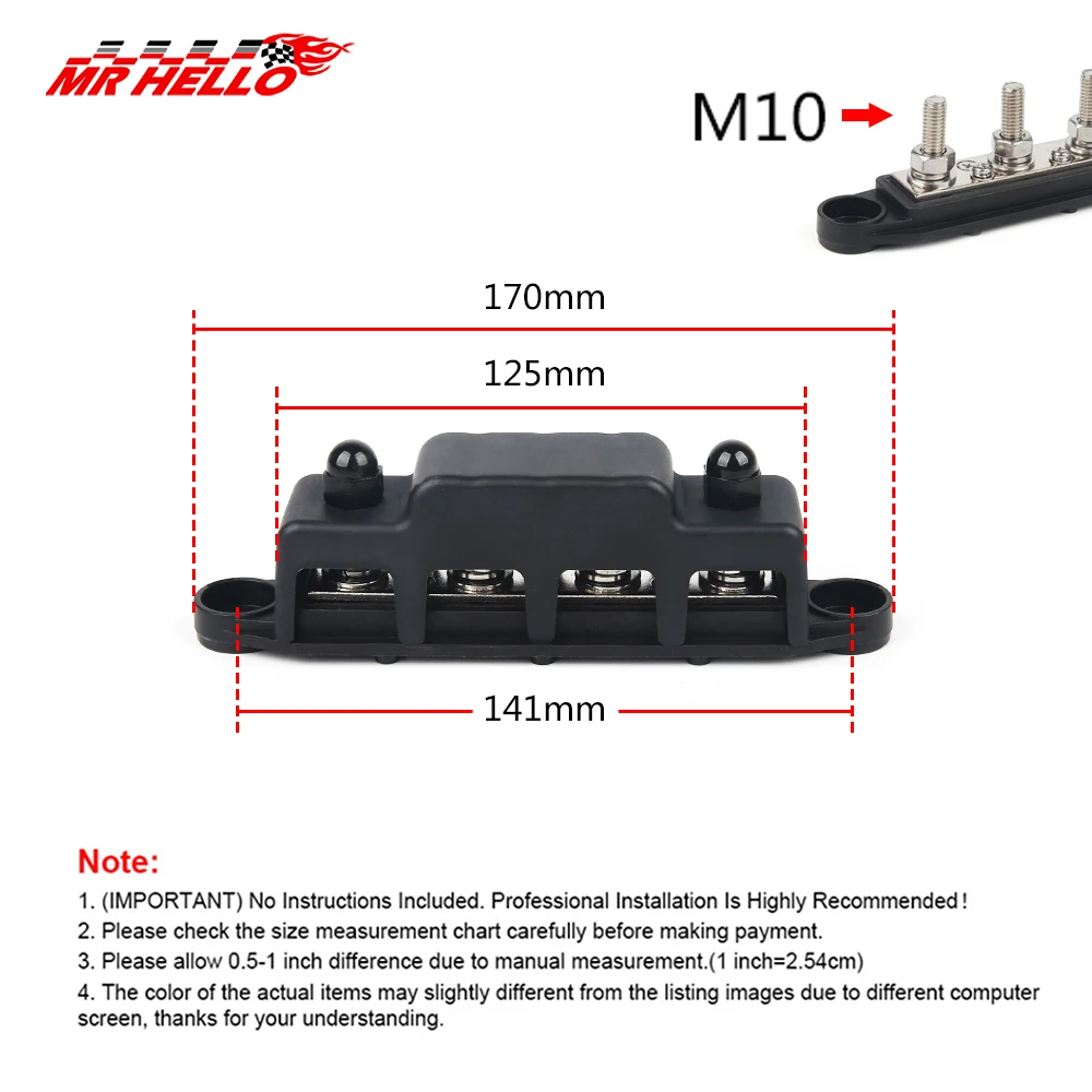 M10 Screw 12V-48V 250A Bus Bar Terminal Battery Power Distribution Block With Cover 4 for Automobile Boat RV Truck