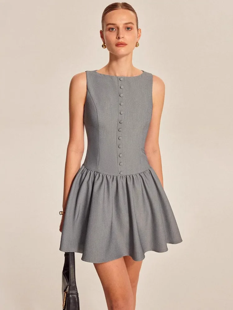 

Blifanbo Elegant O-neck Single Breasted Mini Dress For Women Sexy Slim Fit Sleeveless Pleated Zipper Summer A-line Mini Dress
