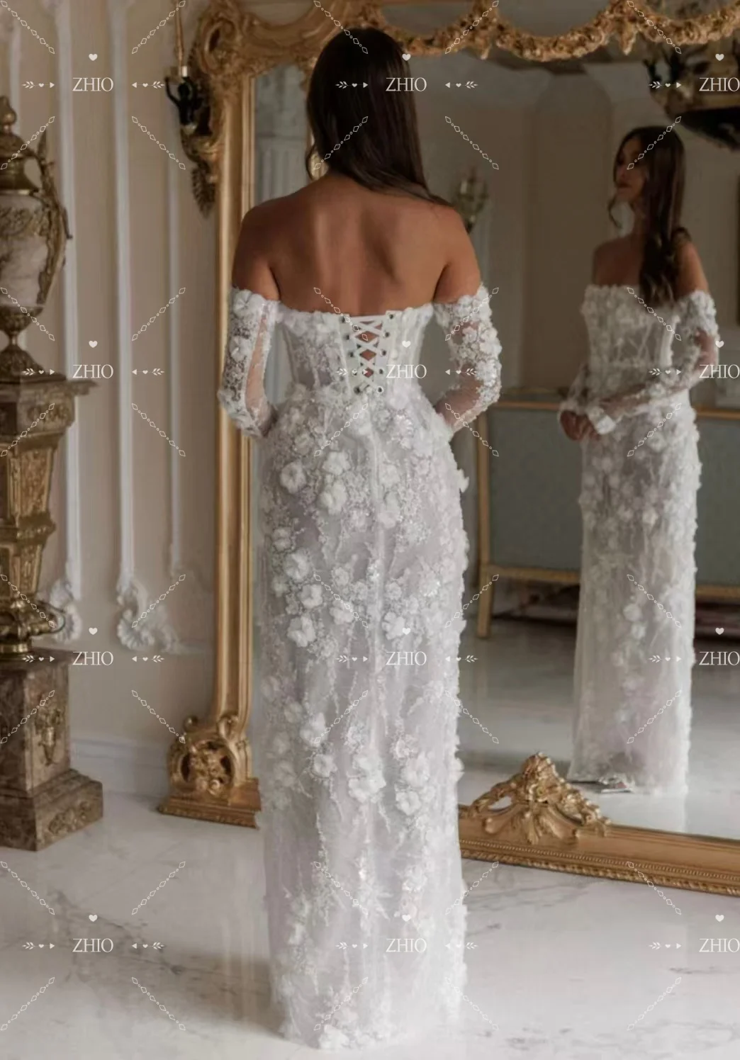 ZHIO Luxury 3D Flowers Wedding Dress Off Shoulder Side High Slit Straight New Woman Bridal Gown Customized Vestido de novia 2026