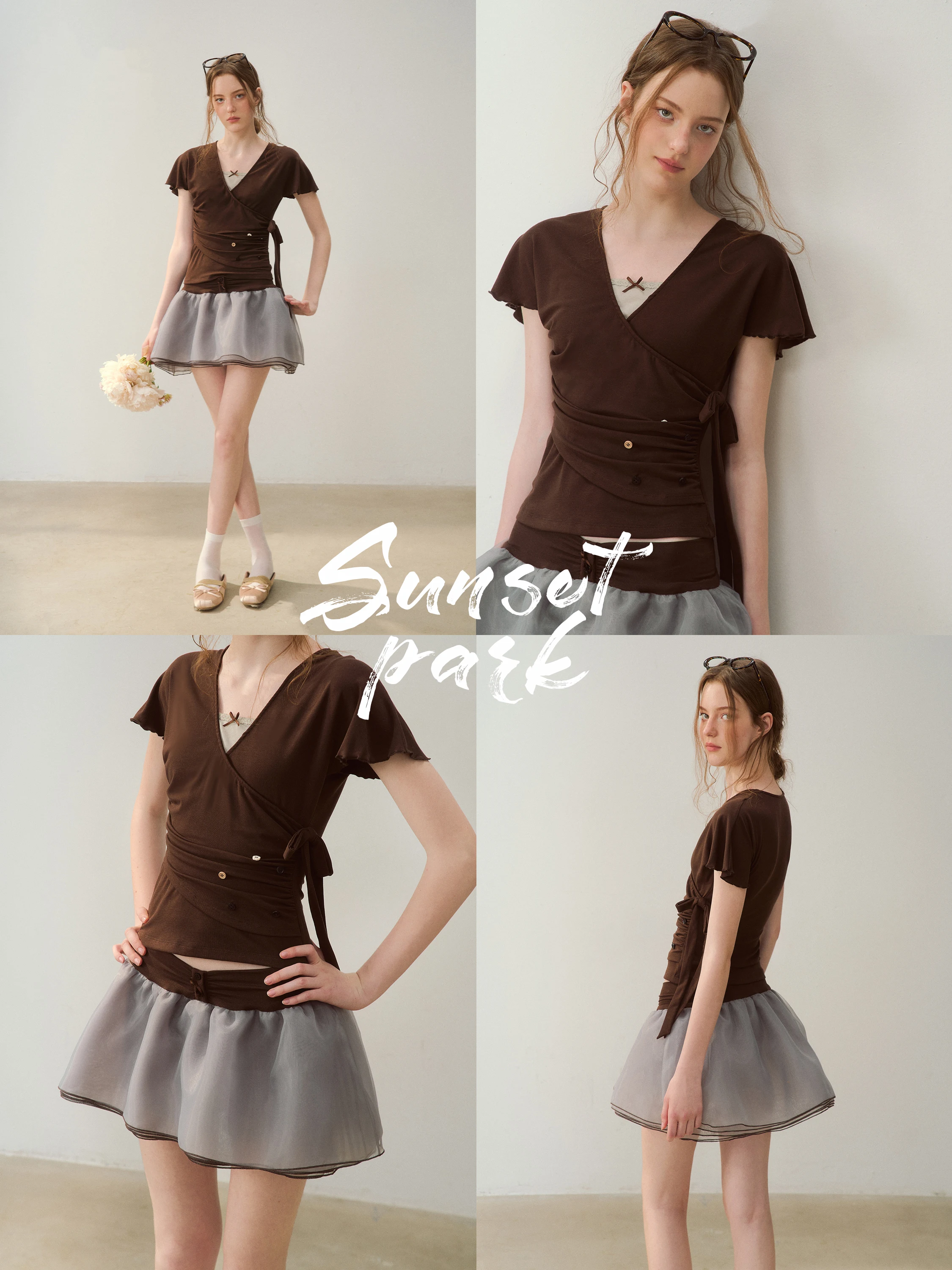 Brown Faux Two-Piece Ballet Sleeve Short Sleeve Tee Grey Skirt Set Sunset Park Women's Fashion Summer Outfit Polyester Blend