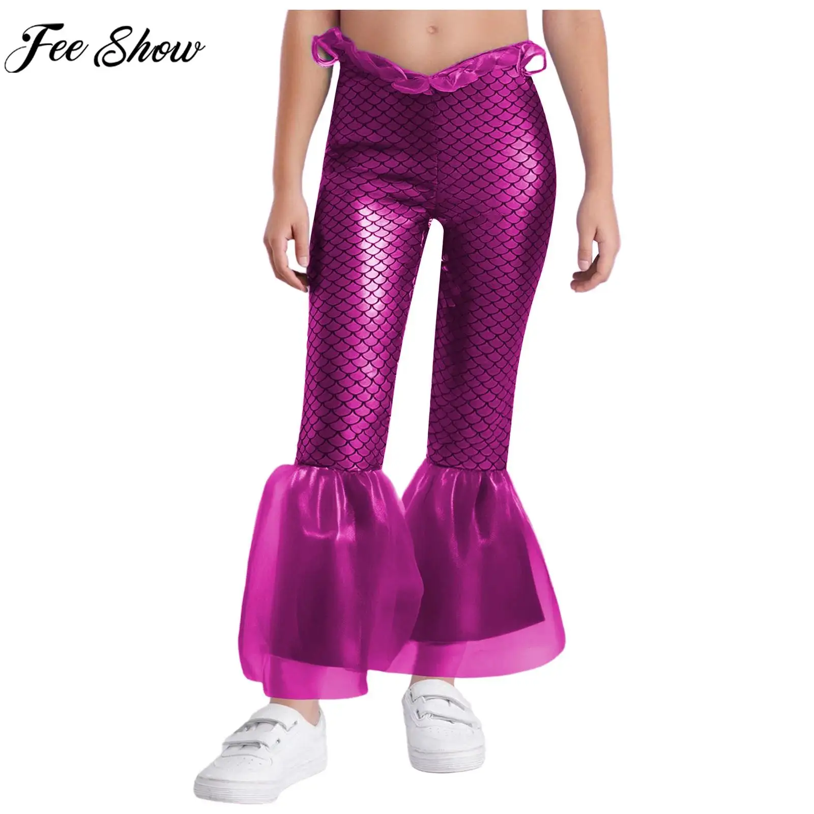 Kids Girls Halloween Theme Party Mermaid Princess Sea Queen Cosplay Costume Shiny Fish Scales Print Ruffle Mesh Flare Pants