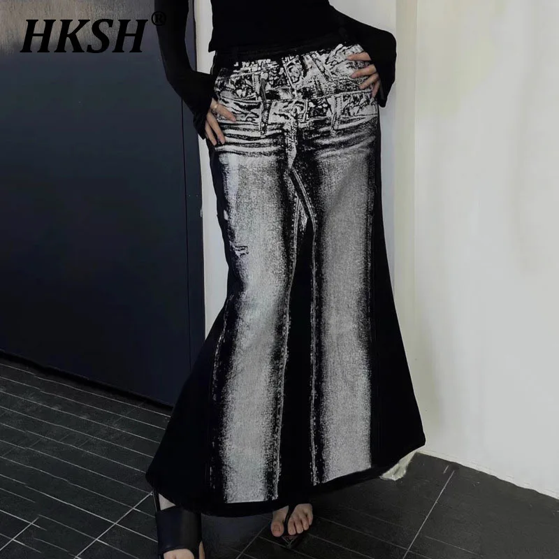 

HKSH Spring Summer New Women's Chic High Street French Fashion Vintage Versatile Washed Patchwork High Waist Denim Skirts HK6146