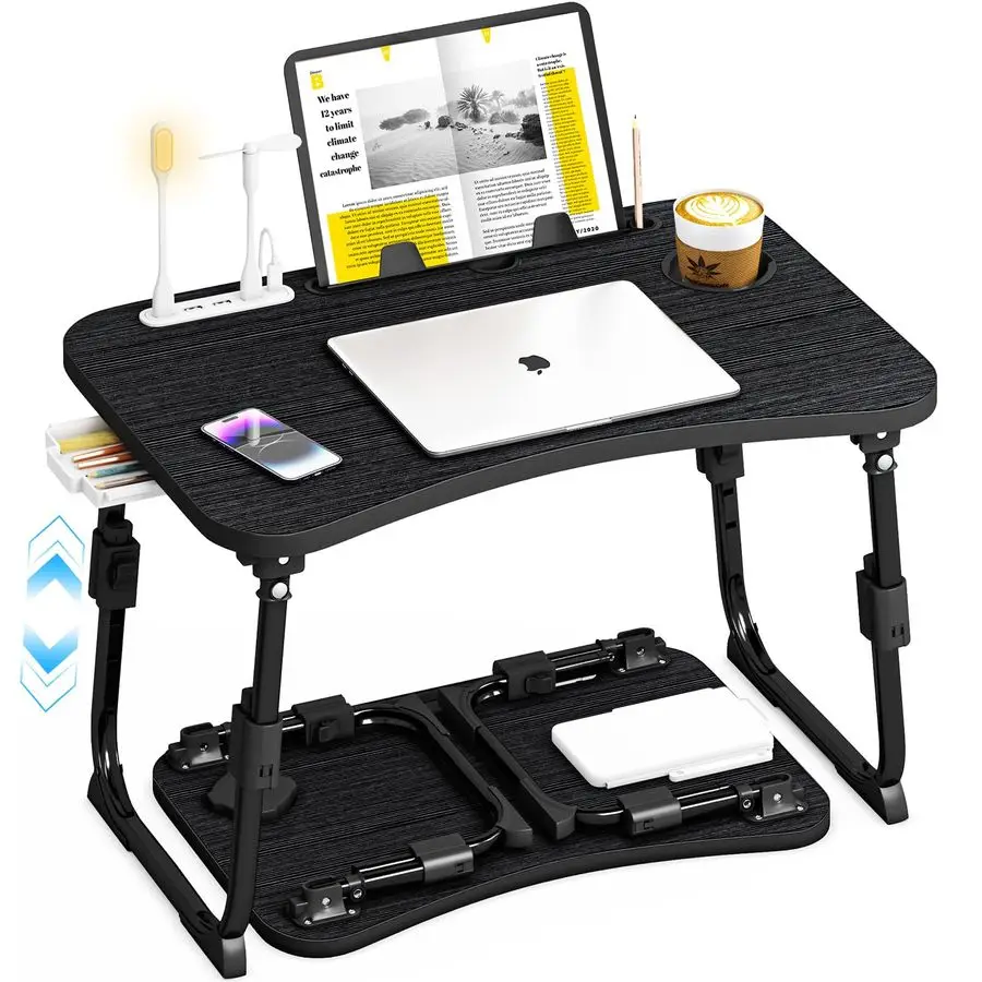 

Desk for Bed Adjustable Height, Foldable Bed Table with Storage Drawer, Tablet Slot amp Cup Holder, Portable Laptop Stand for Be