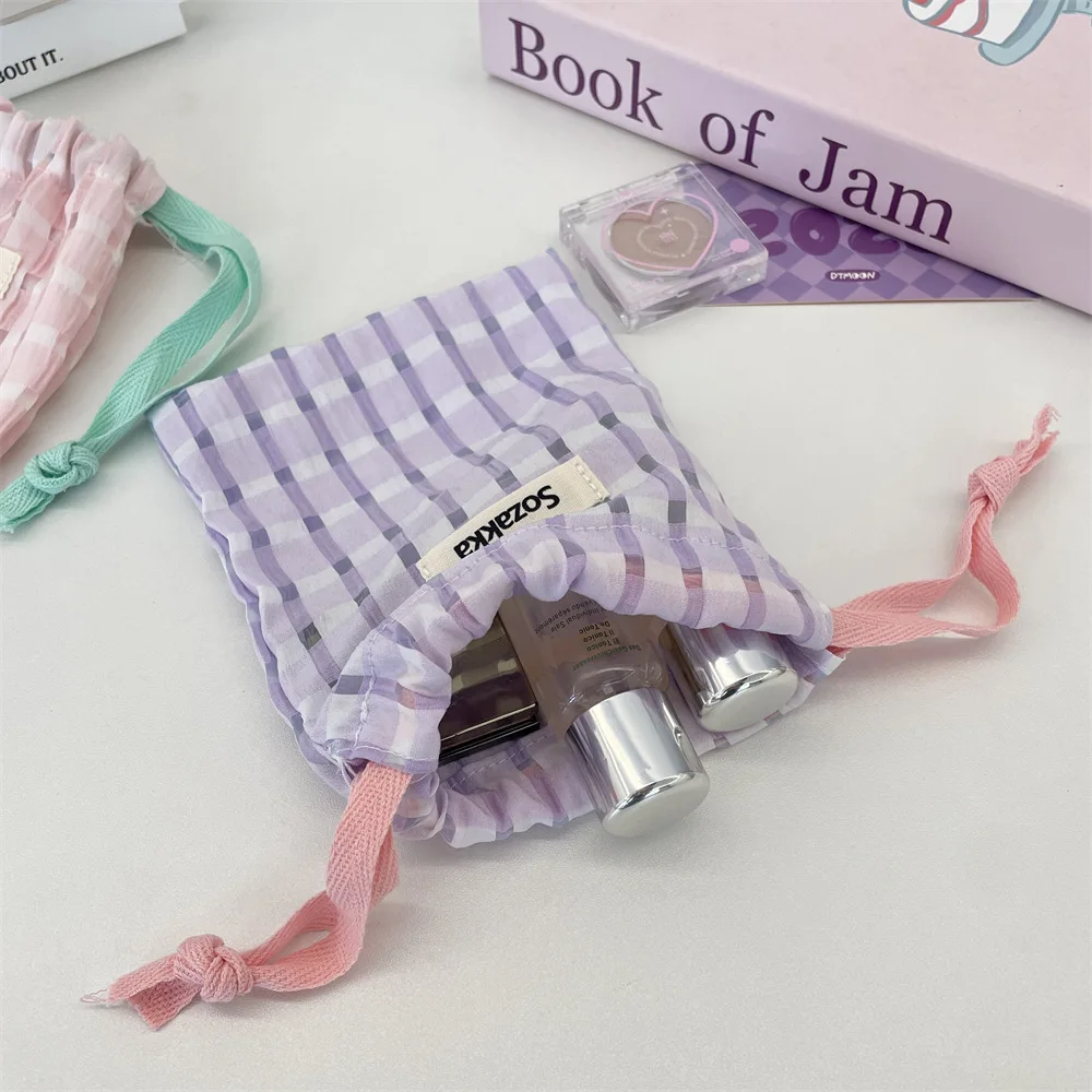 

New Plaid Drawstring Bag, INS Fashion Cosmetic Pouch for Makeup & Coin Purse, Cute Gift for Girls