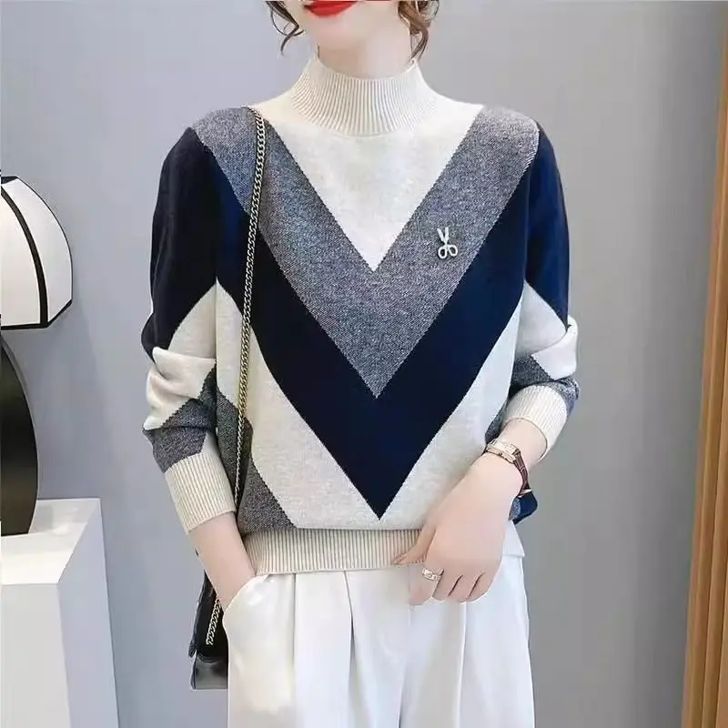 Half Turtleneck Sweater Women New Autumn Winter Thicken Color Blocked Pullover Sweater Female Loose Casual Knitted Jumper