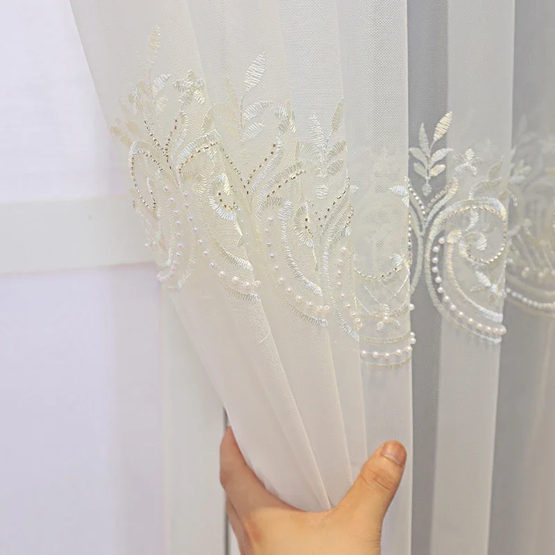 

Romantic And Luxurious White Window Screen, Pearl Embroidery Gauze Curtain For Living Room Bedroom Balcony Translucent Curtain