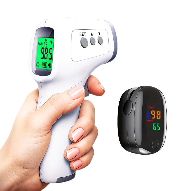 Non-Contact Digital Thermometer Backlit Medical Body Fever Thermometer or Mini Fingertip Oximeter Blood Oxygen Monitor