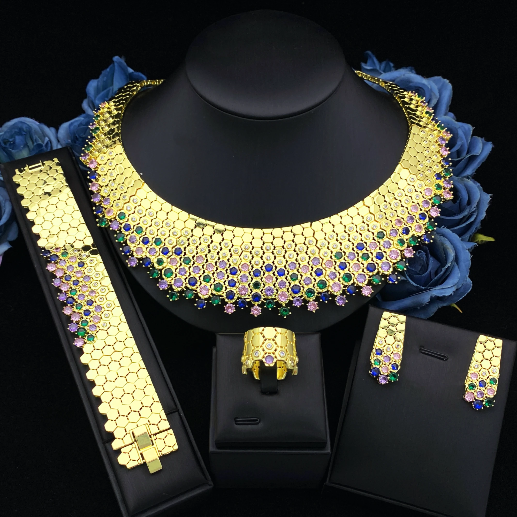 

JRH Luxury Gold Plated Cubic Zirconia 4Pc Set Bracelet Ring Necklace Earrings for Women Perfect Gift Bridal Wedding Jewelry