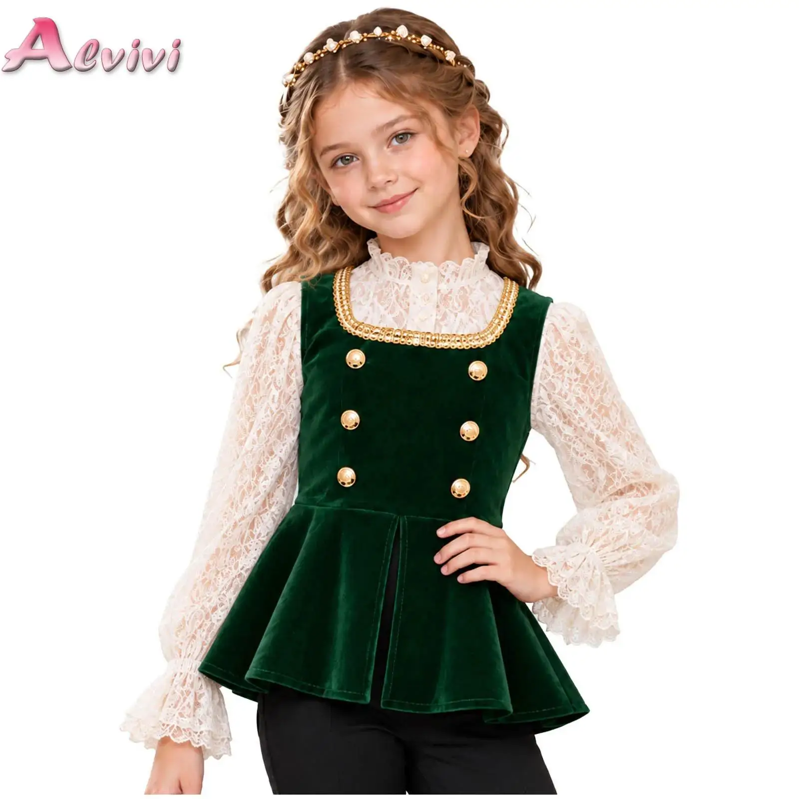 Kids Girls Medieval Split Hem Peplum Velvet Vest Gold Collar Sleeveless Double-breasted Top for Halloween Theme Party Costume