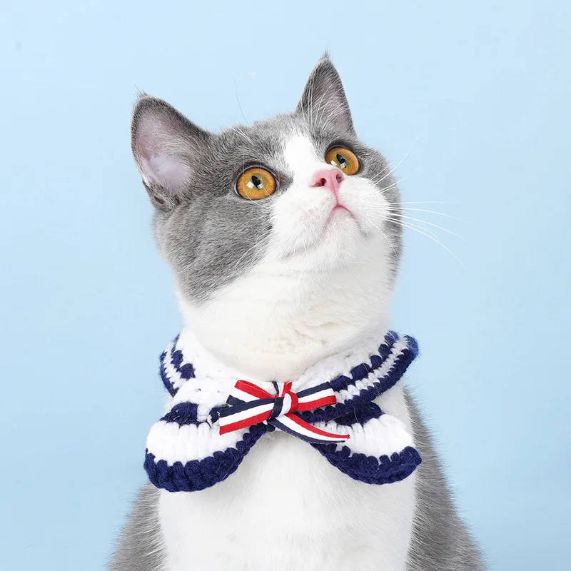 Sailor Fake Collar Hand-woven Pet Jewelry Cat Bow Tie Scarf Collar Crochet Cat Collar Katten Accessories