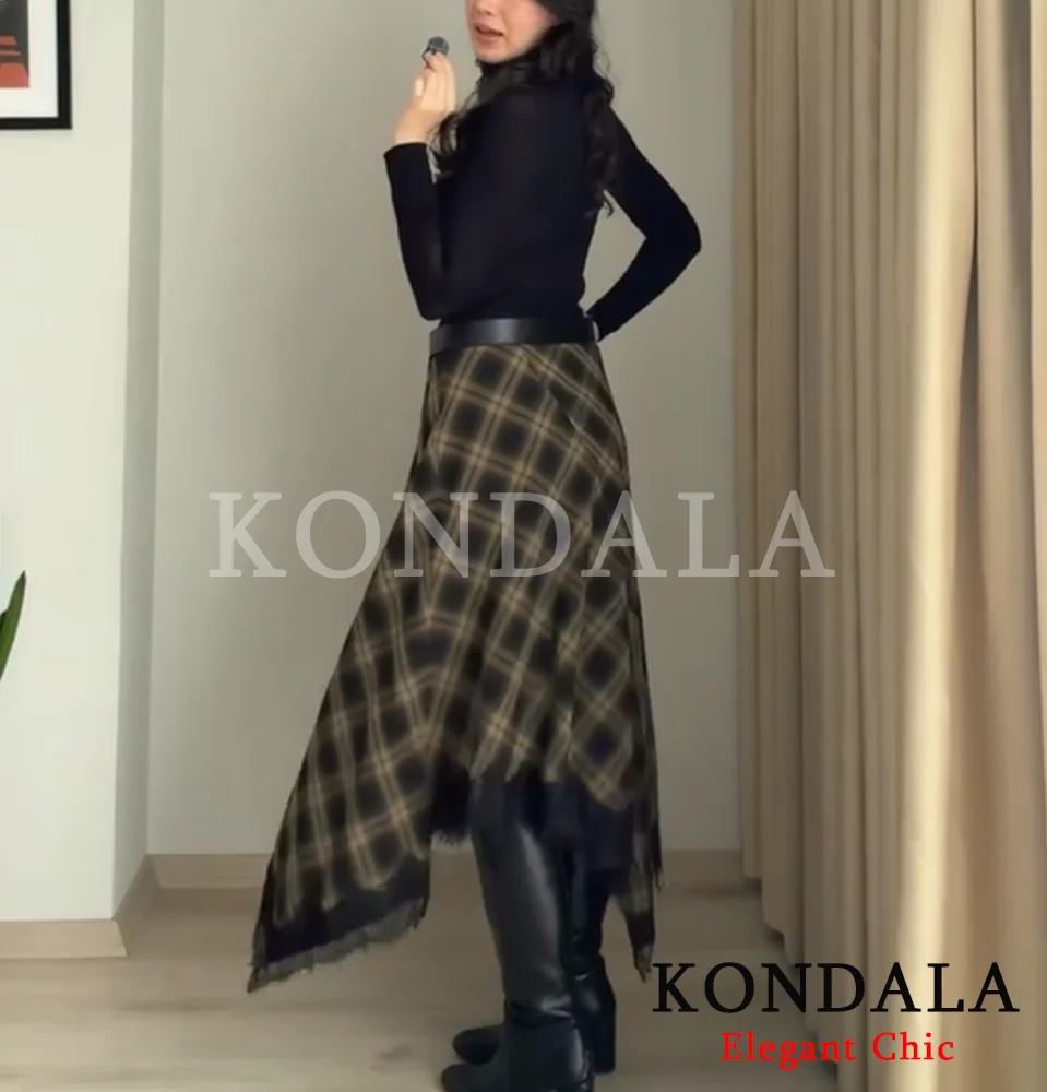KONDALA Vintage Basic Lady Midi Skirt Plaid Lace Long Skirt Women New 2026 Spring Summer Elegant Commute Dinner Party Lady Skirt