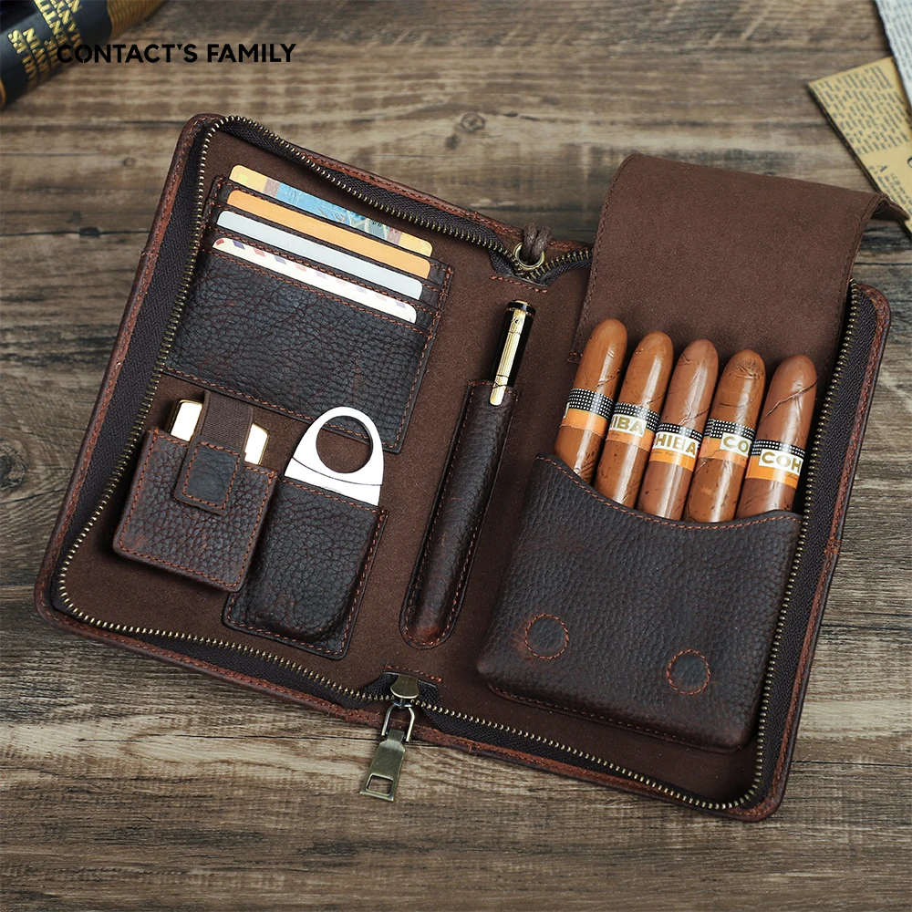 Contact's Family Leder-Zigarrenetui mit Feuerzeug, Cutter, Tasche, Reise-Humidor-Box, Zigarrenzubehör, Handtasche, Geschenk für Männer