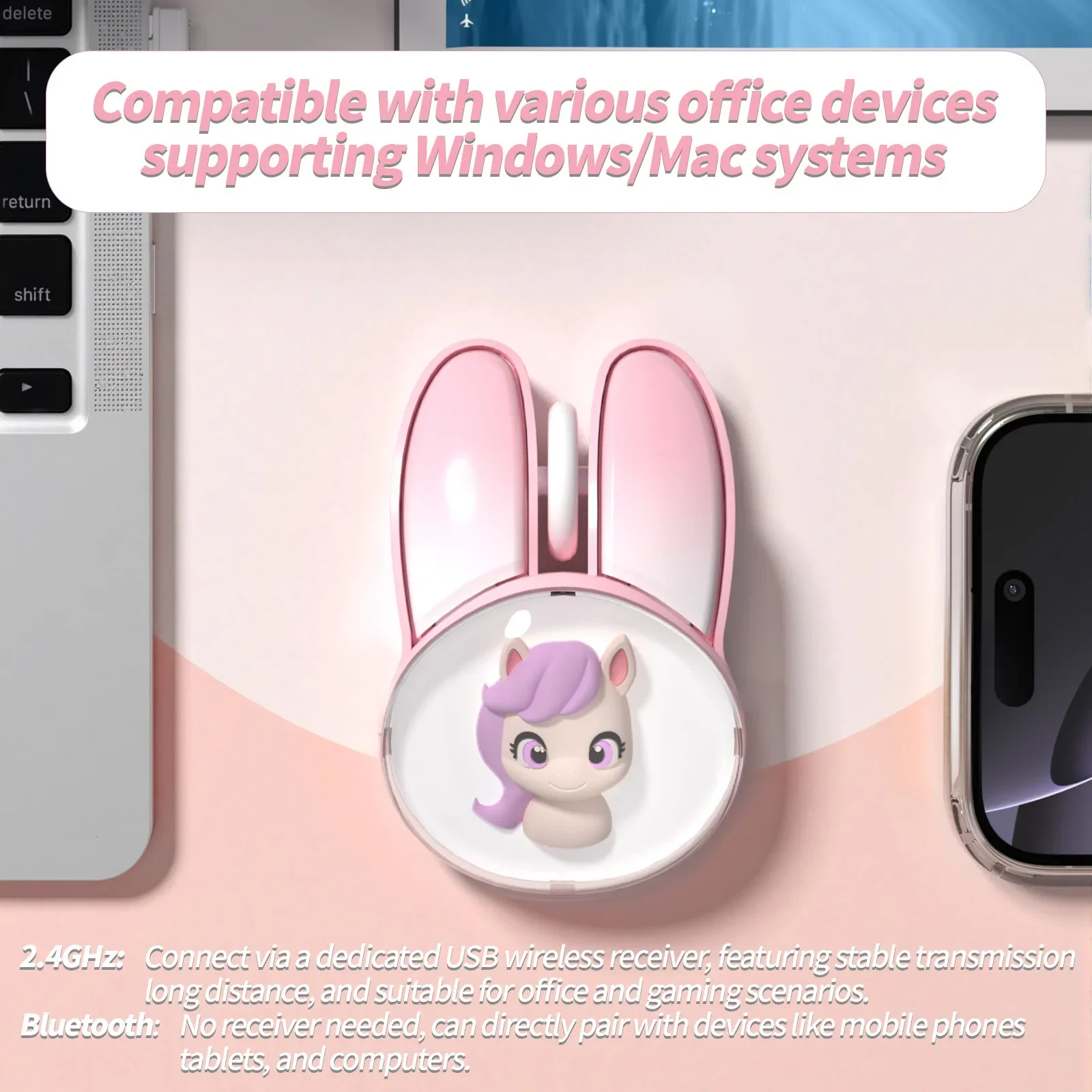 Cute Bunny Ear Wireless Mouse 2.4G Bluetooth Dual Mode Mice Rechargeable Quiet Keys Original Rainbow Horse for Girls Kids