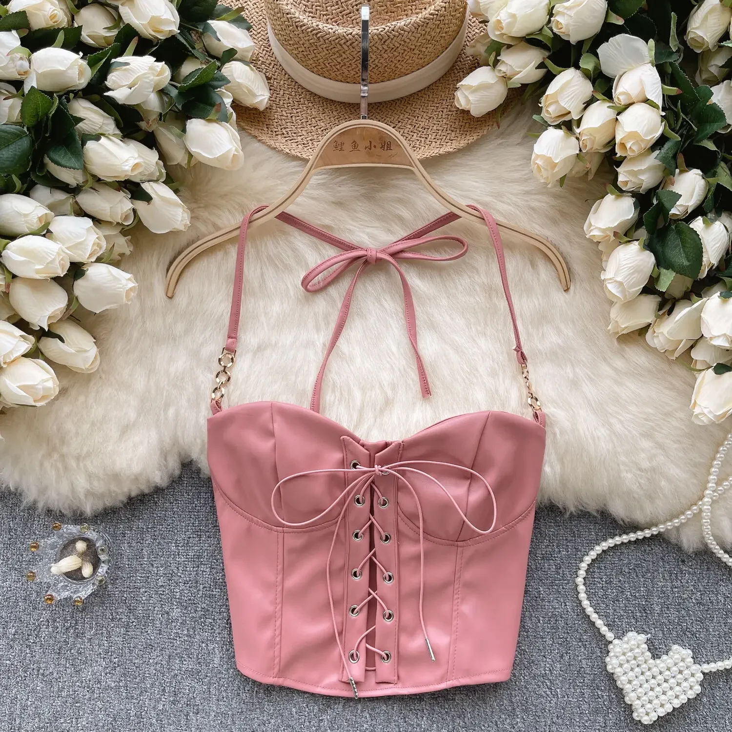 ssTss Street Sexy Girl's Halter Strap Bra Vest Bodice Women's Short Lace Up Front Tight Corset Bustier Tank Top Corset