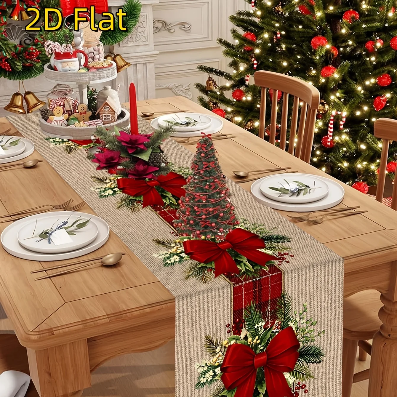 VIKAMA Christmas Table Runner for Dining Table Red Bow Mini Xmas Tree Poinsettia Plaid Ribbon Rustic Linen Decor