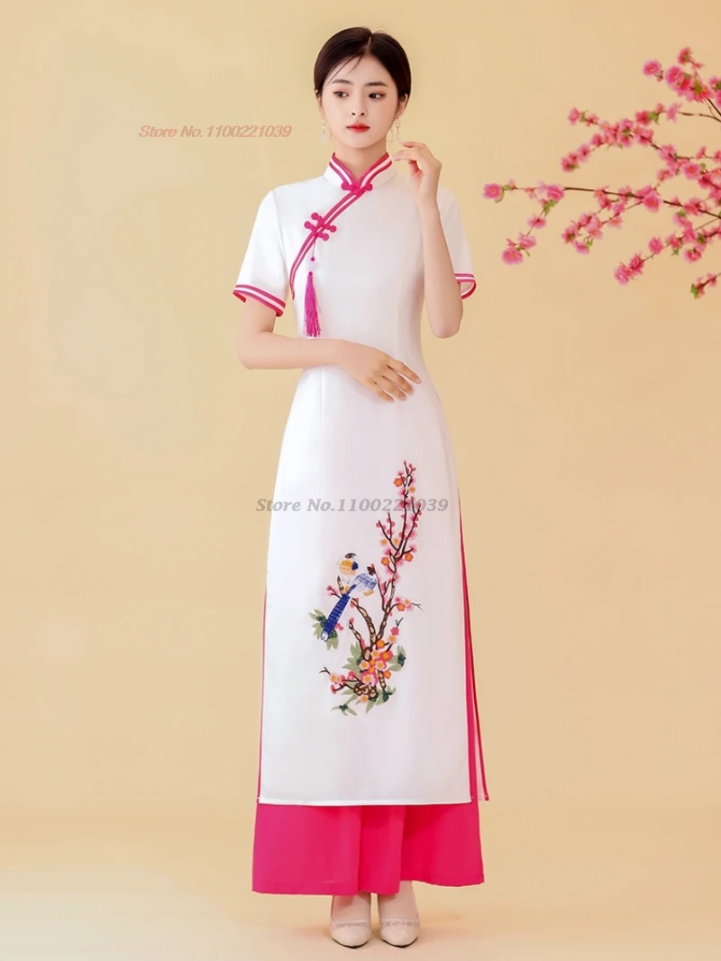

2025 vietnamese aodai dress traditional flower embroidery vintage qipao dress+pants sets chinese improved cheongsam dress qipao