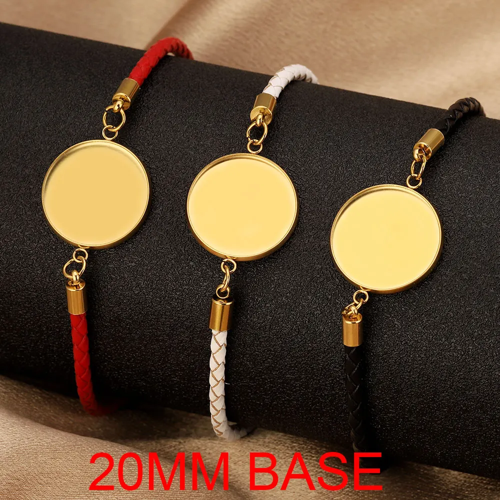 

4pcs Stainless Steel Leather Rope Bracelet Round 20mm Cabochon Base for Bracelets DIY Jewelry Making Supplies Items Wholesale