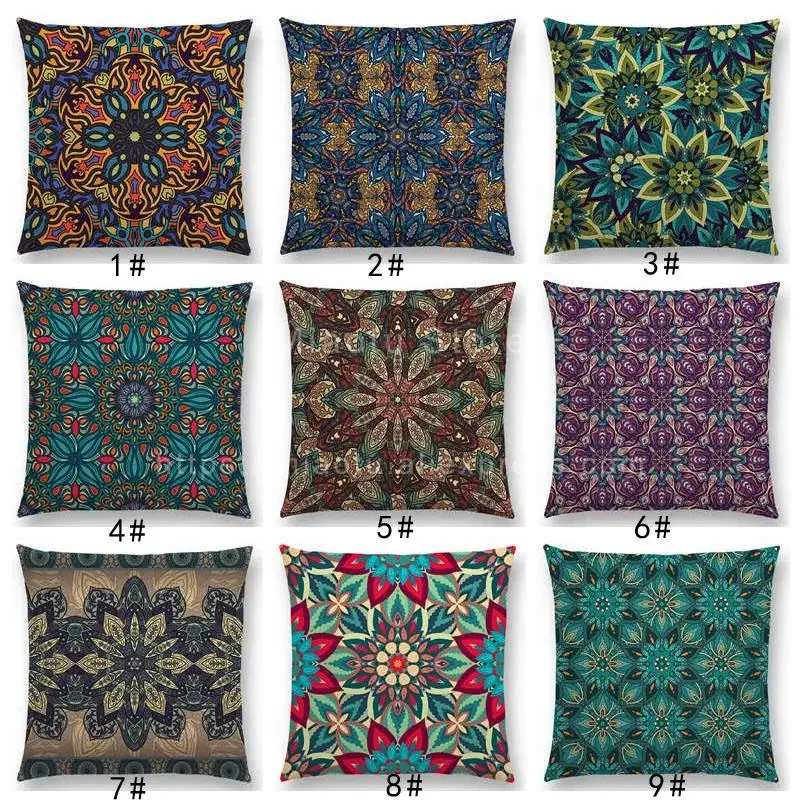 Boho Colorful Flowers Abstract Ethnic Floral Pillow Case Mandalas Pattern Design Vintage Patchwork Retro Cushion Cover