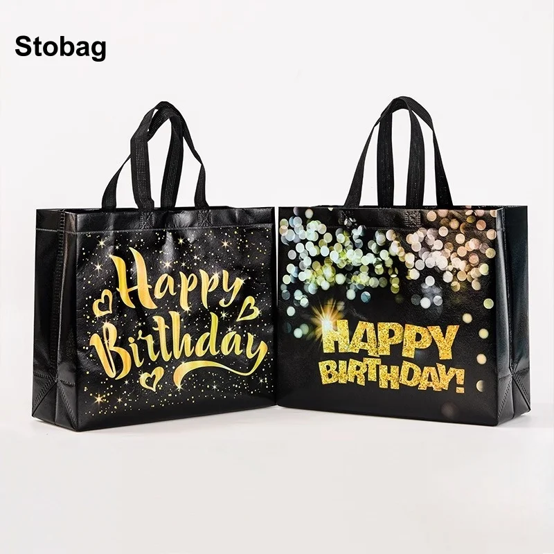

StoBag 10pcs Black Happy Birthday Non-woven Tote Bags Kids Gift Packaging Fabric Waterproof Storage Reusable Pouch Party Favors