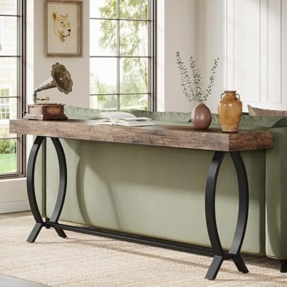 طاولة مدخل ضيقة طويلة مقاس 70.87 بوصة، طاولة أريكة على طراز المزرعة خلف الأريكة مع لمسات معدنية