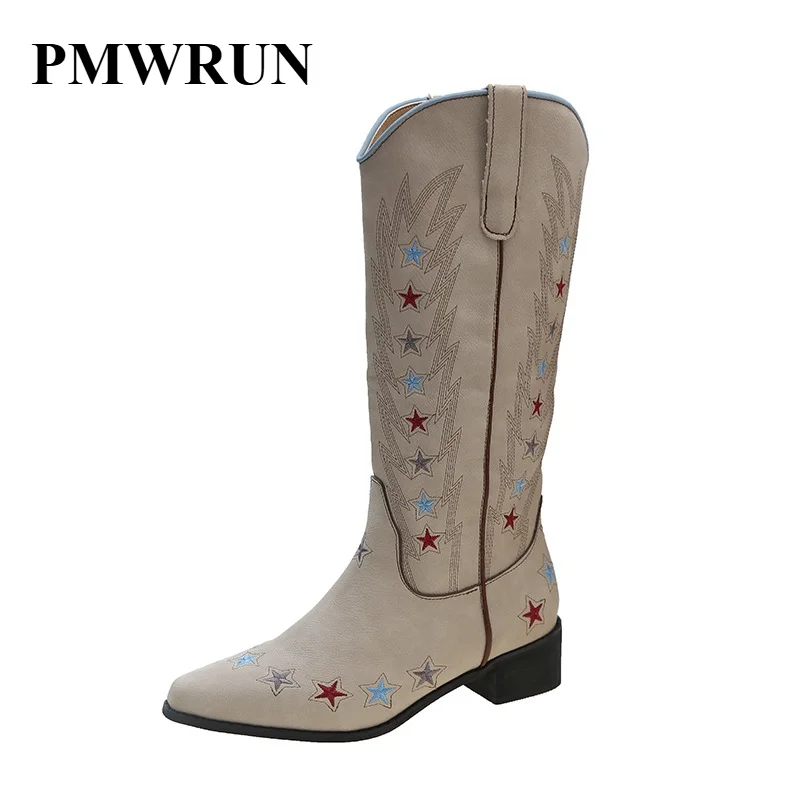 

2025 Spring New Retro Star Boots Embroidered Pointed Western Cowboy Cowgirl Boots Women's Thick Heel High Boots