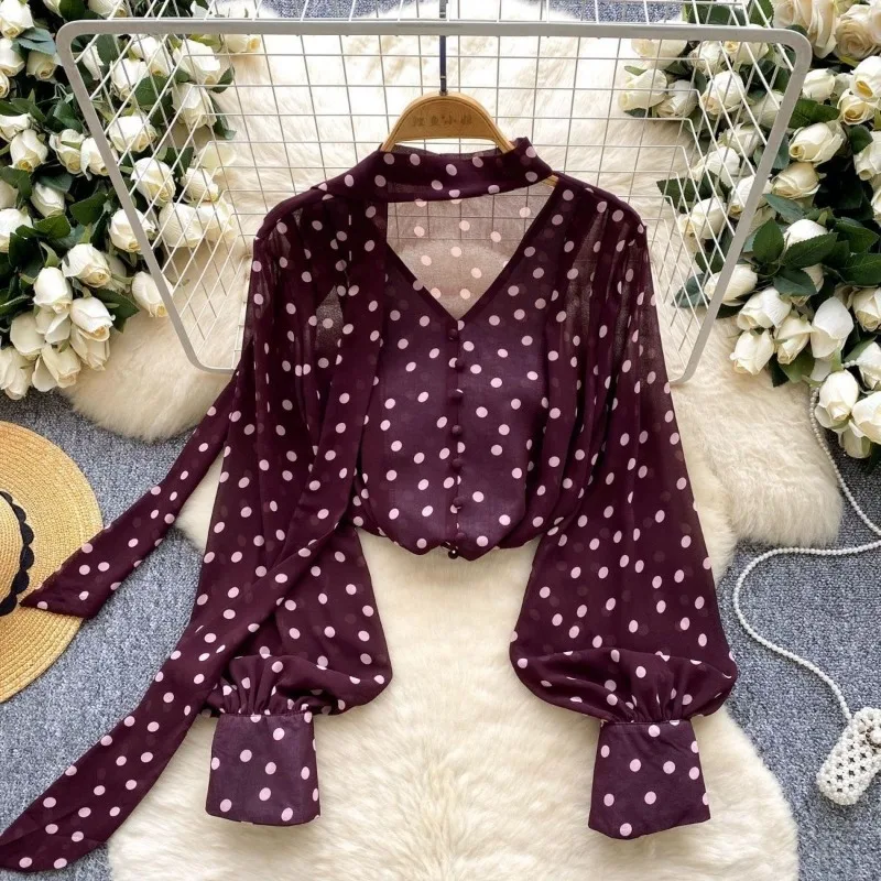 Koreanischen Stil Retro Polka Dot Laterne Hülse Hemd für Frauen Herbst Dünne Streamer Lose Beiläufige Taste Spleißen Pullover Top