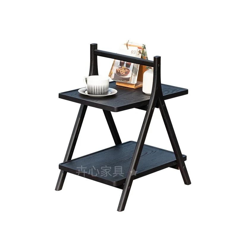 Solid wood mobile coffee table shelf simple vintage ash living room bedroom study double shelf small side table