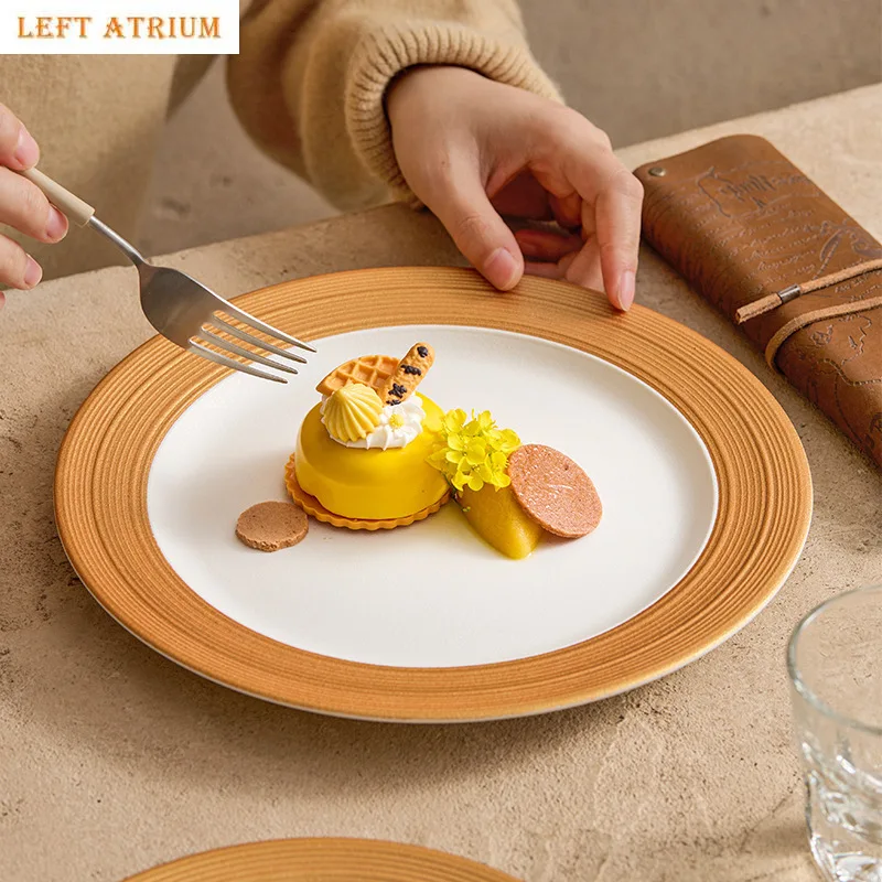 

Spiral Gold Plated Western Style Steak Plate, Home Dessert Plate, Round Ceramic Flat Plate, Kitchen Hotel Featured Tableware