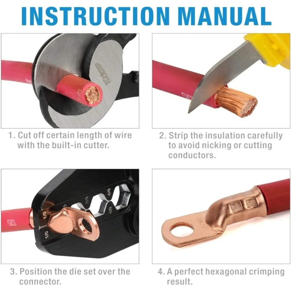 Heavy Duty Battery Cable Lug Crimping Tool for 1/0 to 4/0 Gauge, Ergonomic Anti-Slip Handle, Durable Steel Construction
