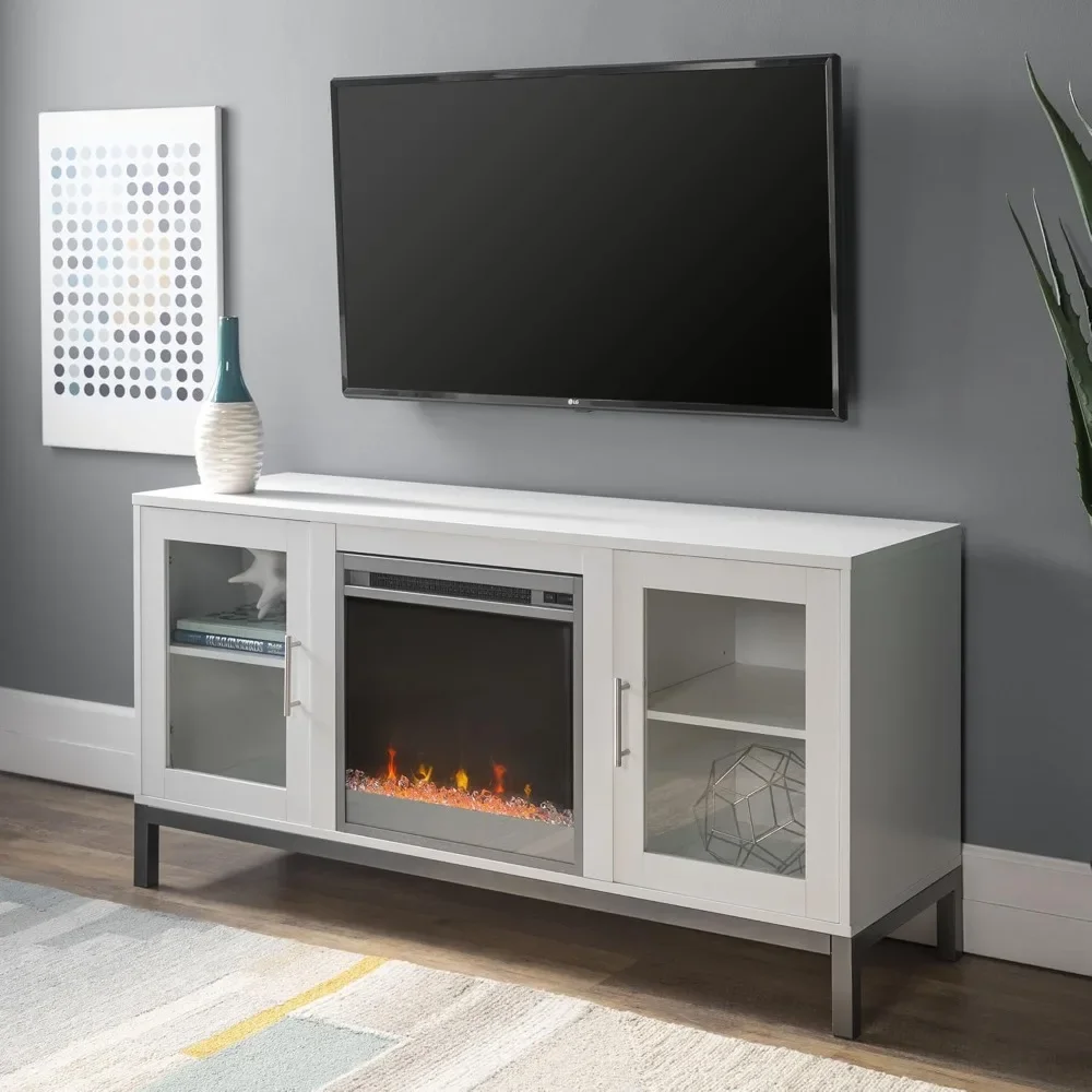 Griffith Contemporary Double Glass Door Fireplace TV Stand, 52 Inch, White mueble para tv  floating tv stand