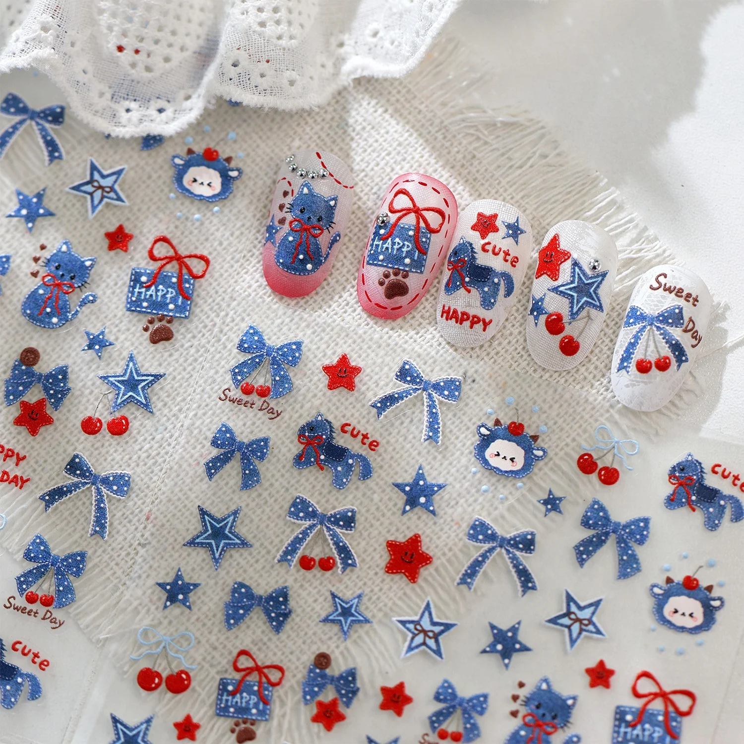Nail Art Denim - Dark Blue Cute Cat 5D Nail