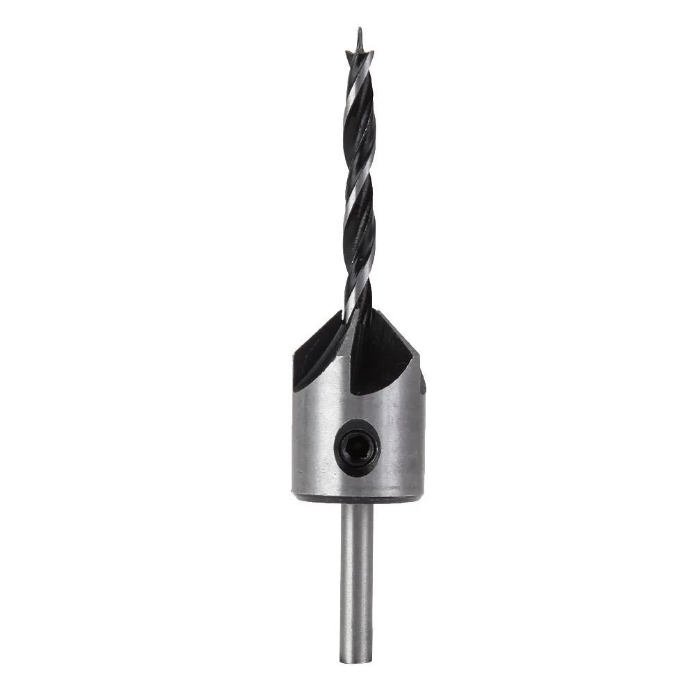 Broca escareadora de três pontas para carpintaria, 4 unidades, 3-6mm hss conjunto de brocas escareadoras 5 flauta reamer chanfro para carpintaria